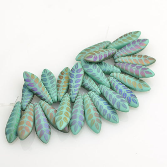 Fringe Beads Dagger Beads - 16mm - Matte Turquoise AB Laser Leaves (25)