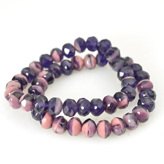 Fire Polish - 7x5mm - Faceted Donut Rondelle - Eggplant and Roses (strand 25)
