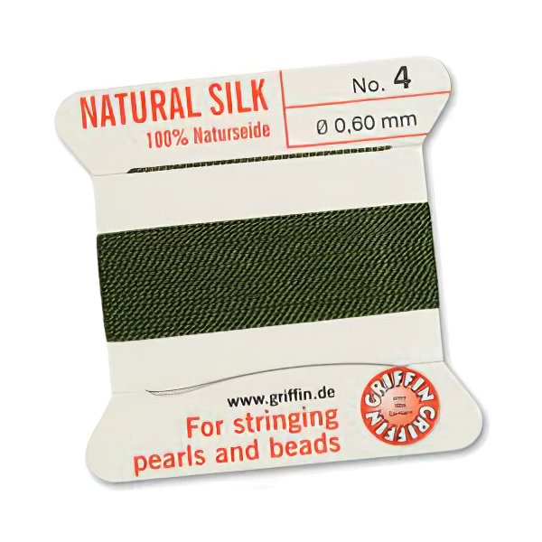 Silk Thread - Size 4 / 0.6mm Griffin Silk Beading Cord / Needle - Olive (2 m)