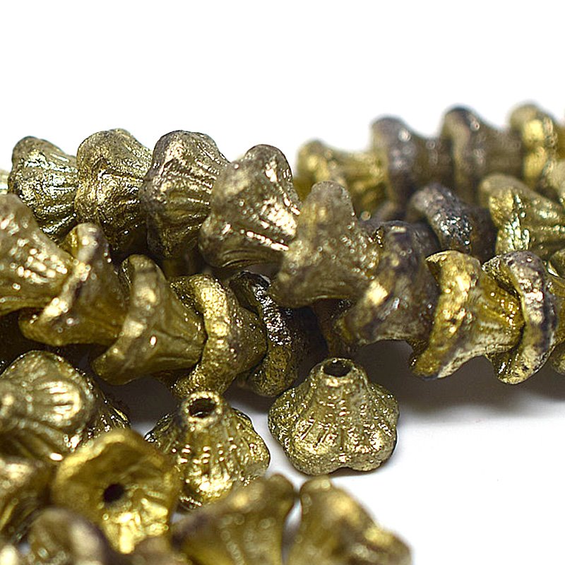 Glass Bead Flared Cup Pressed Bell - 7x5mm - Gold Etch (25)