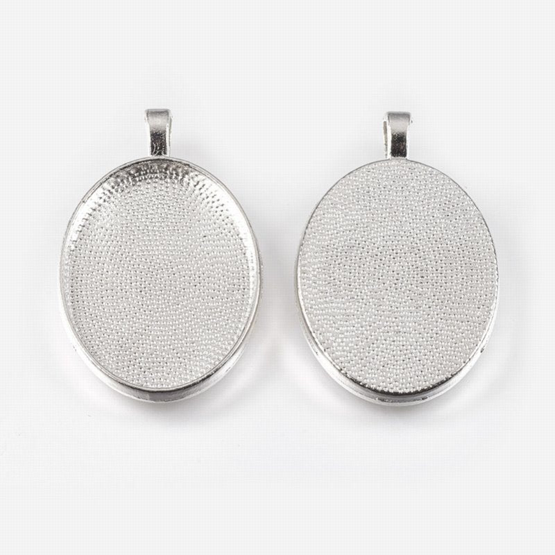 Glass Cabochon with Base - 21x29mm Oval - Clear - Silver (2 sets)