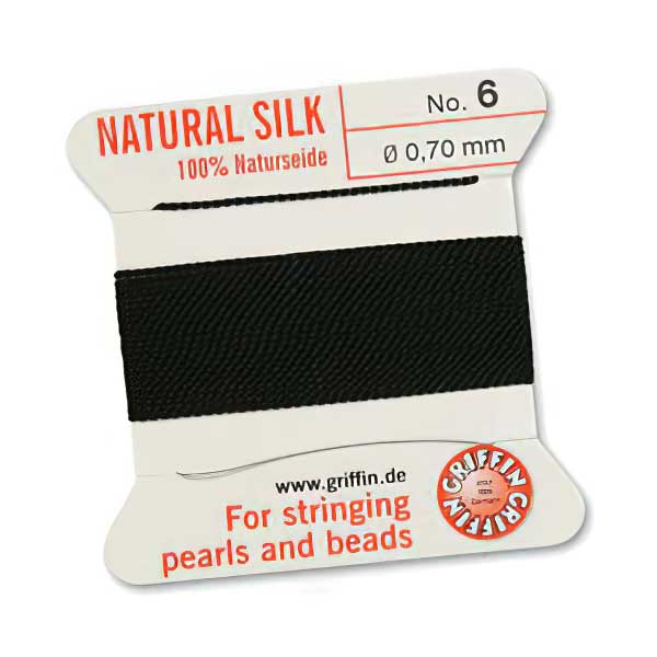 Silk Thread - Size 6 / 0.7mm Griffin Silk Beading Cord / Needle - Black (2 m)