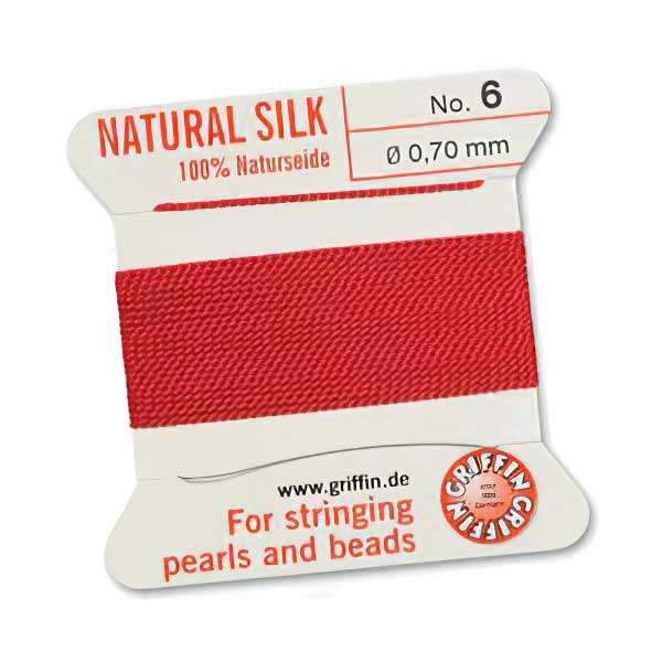 Silk Thread - Size 6 / 0.7mm Griffin Silk Beading Cord / Needle - Red (2 m)