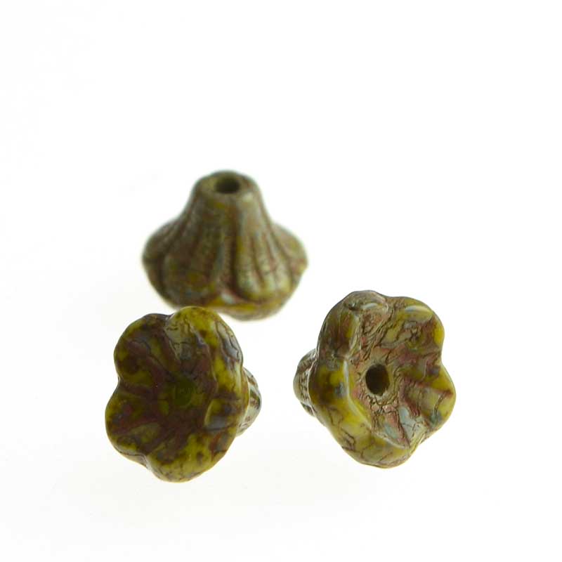 Glass Bead Flared Cup Pressed Bell - 7x5mm - Olive Jade Picasso (Pack)