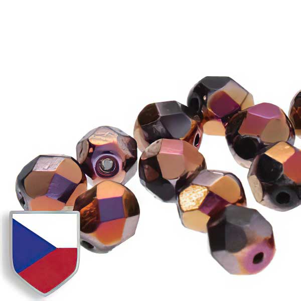 Fire Polish Faceted Round - 4mm - Jet Full Sliperit Czech Shield (Strand)