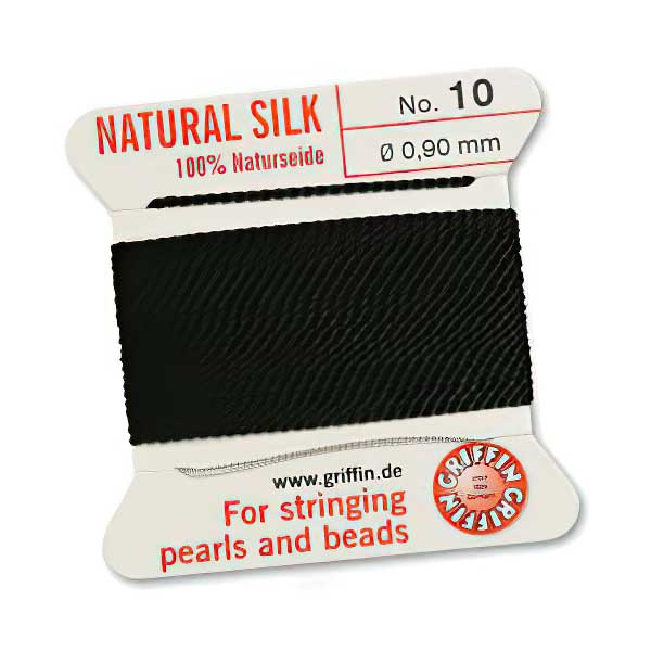 Silk Thread - Size 10 / 0.9mm Griffin Silk Beading Cord / Needle - Black (2 m)