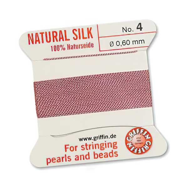 Silk Thread - Size 4 / 0.6mm Griffin Silk Beading Cord / Needle - Dark Pink (2 m