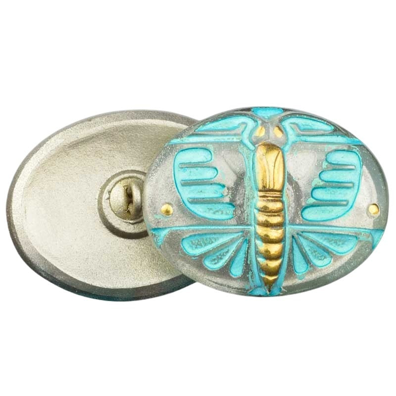 Czech Glass Button - 29mm Art Deco Butterfly Oval - Morning Fog