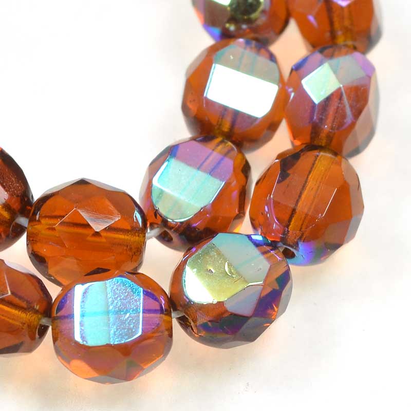 Czech Glass - 8mm TwoWay Fancy Faceted Oval - Dark Topaz AB (strand 25)
