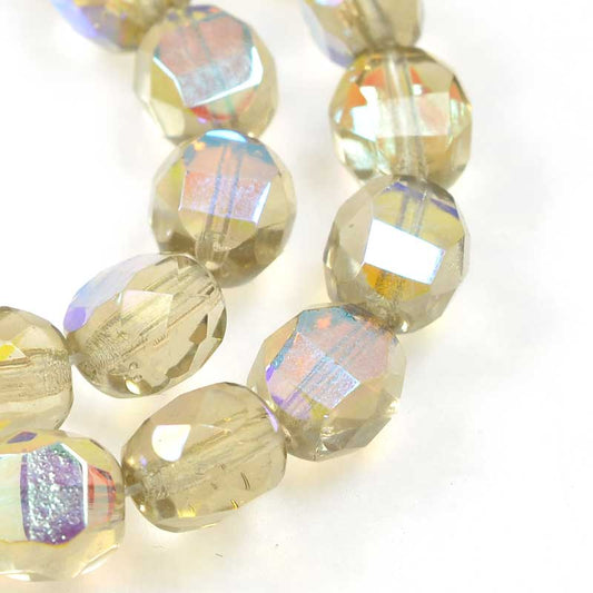 Czech Glass - 8mm TwoWay Fancy Faceted Oval - Light Smoky Topaz AB (strand 25)