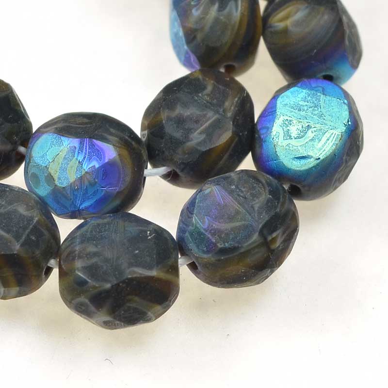 Czech Glass - 8mm TwoWay Fancy Faceted Oval - Matte Tiger Eye AB (strand 25)