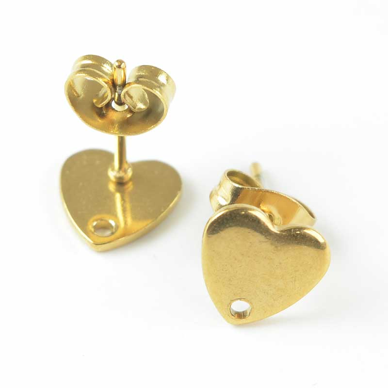 Earring - Flat Heart Stud - Gold Plated (over Stainless Steel) (2 pairs)