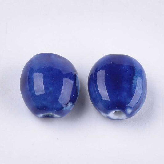 Glazed Porcelain Bead - Flattened Oval - Cobalt Blue (10)