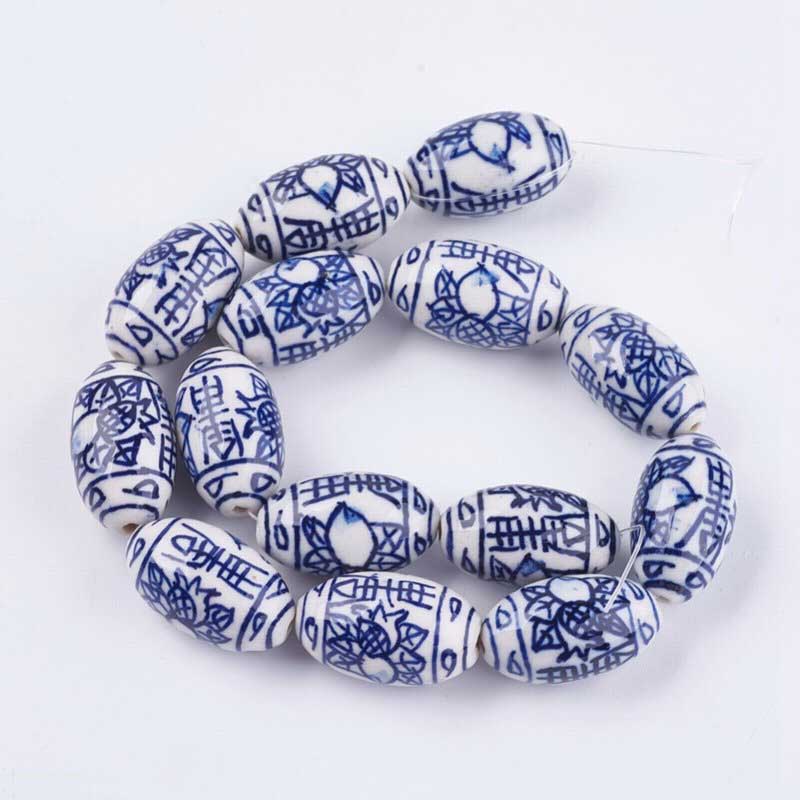 Glazed Porcelain Bead - 25mm Oval - Blue & White