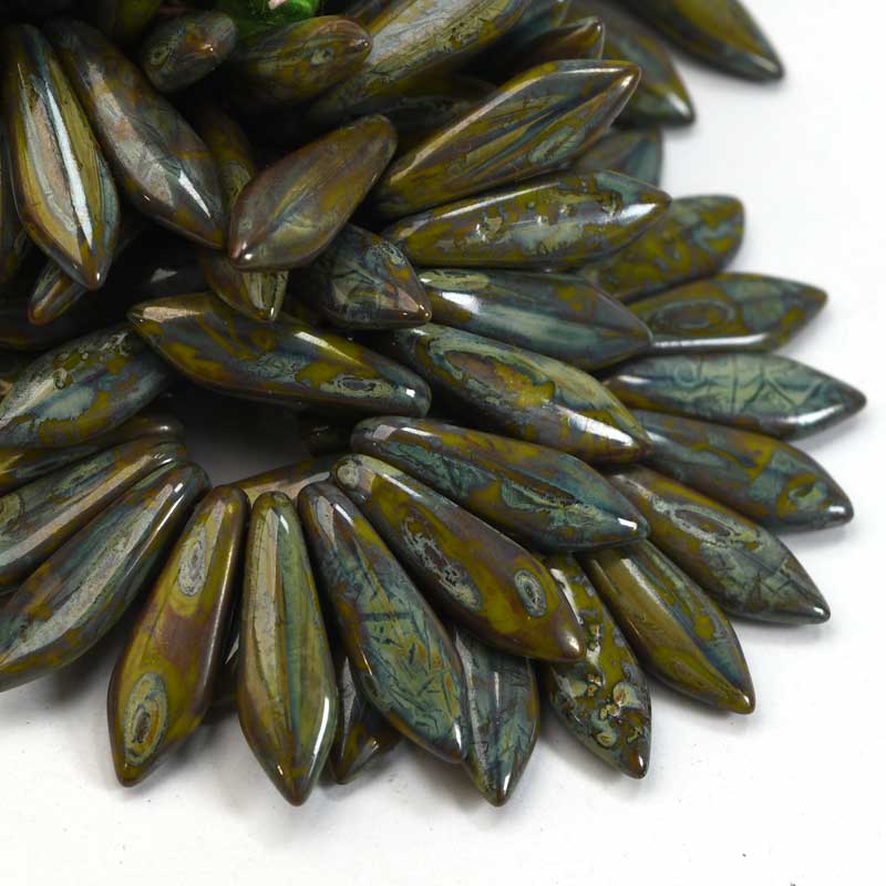 Fringe Beads Dagger Beads - 16mm - Green Picasso (25)