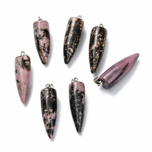 Stone Pendant - 35mm Pendulum Drop - Rhodonite - Platinum Plated
