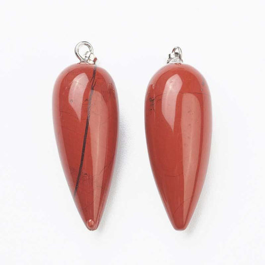 Stone Pendant - 33mm Hanging Drop - Red Jasper - Platinum Plated