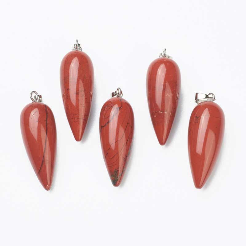 Stone Pendant - 33mm Hanging Drop - Red Jasper - Platinum Plated