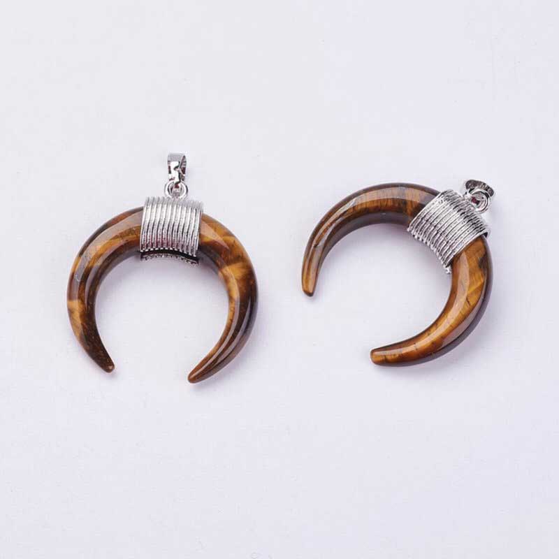 Stone Pendant - 34mm Double Horn Crescent Moon - Tiger Eye - Platinum Plated