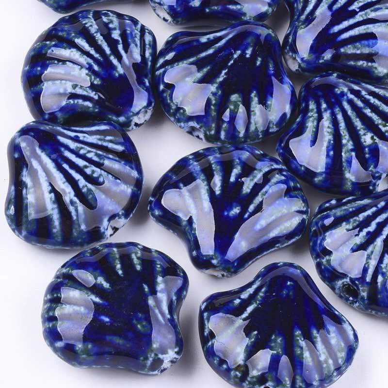Glazed Porcelain Bead - 33mm Scallop Shell - Cobalt Blue (2)