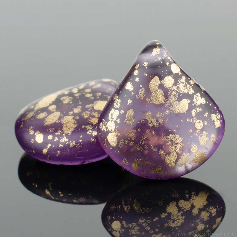 Pressed Glass - 12mm Flat Briolette - Tanzanite Purple Transparent / Antique Gol