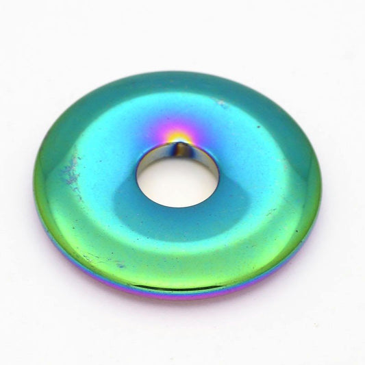 Stone - 40mm Donut Pendant - Rainbow Plated Hematite