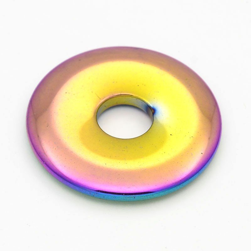 Stone - 40mm Donut Pendant - Rainbow Plated Hematite