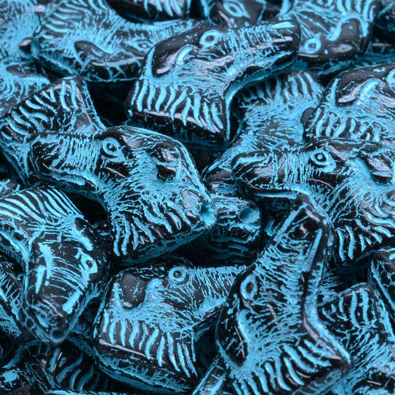 Glass Beads - Wolfhound Dog Head - Turquoise Washed Jet (10)