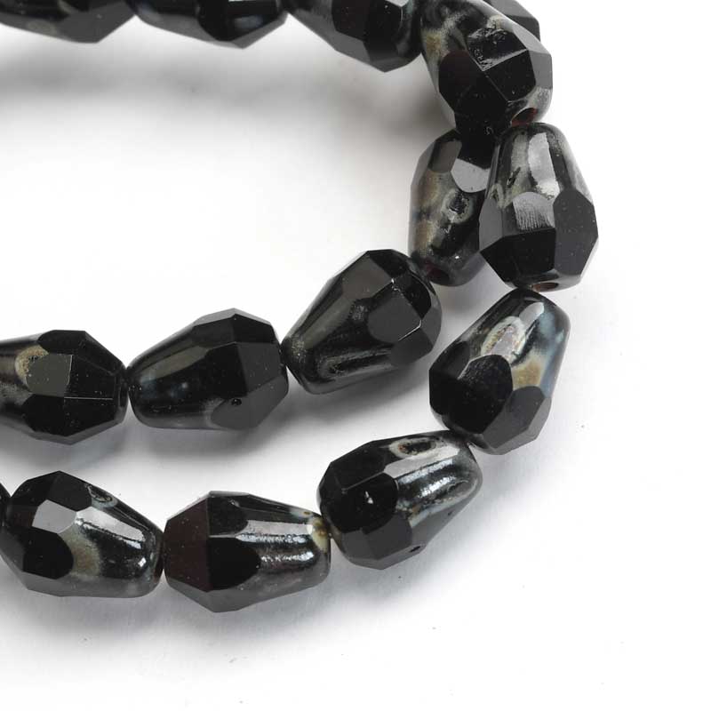 Fire Polish Beads - Faceted Drop - Jet Picasso (Strand 15)