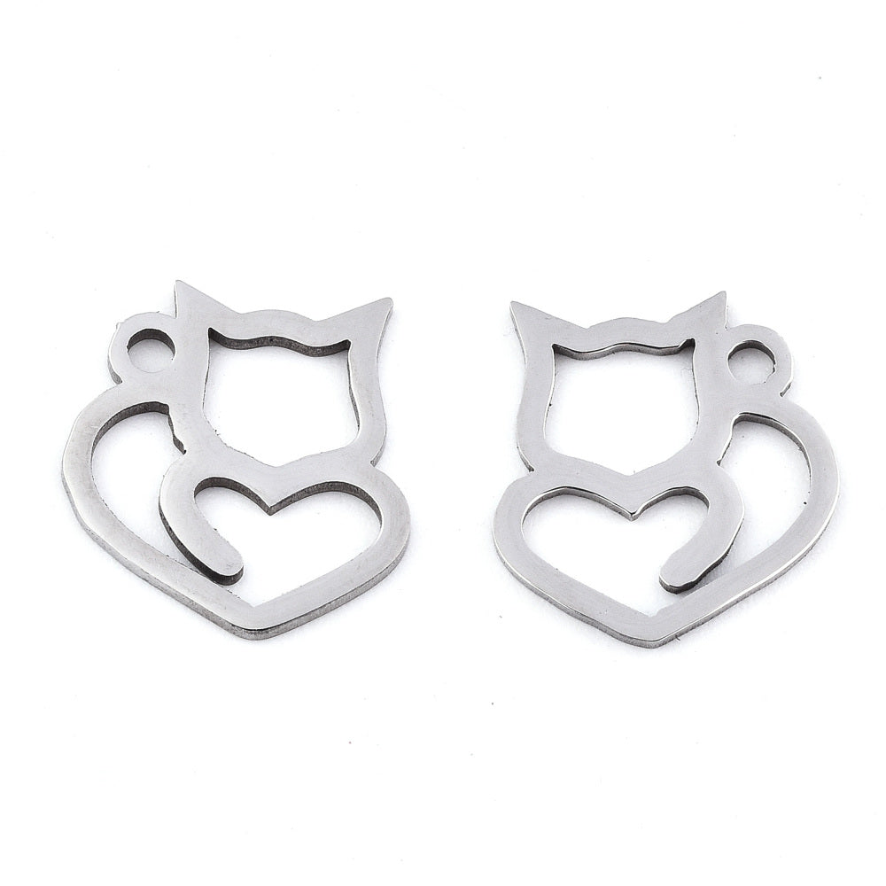 Heart Cat Charm Stainless Steel Pair