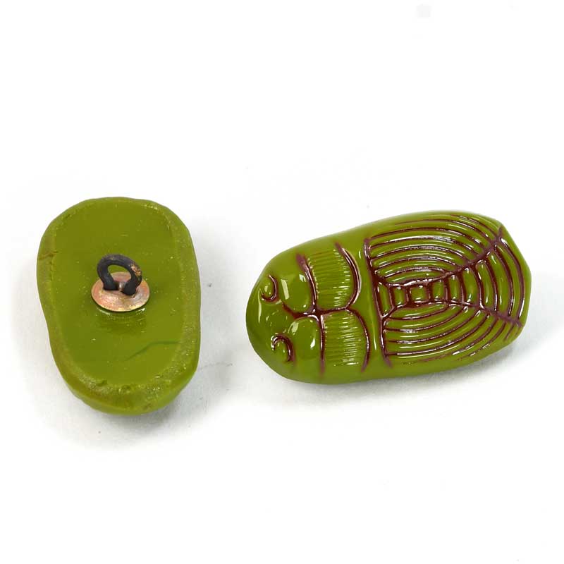 Vintage Glass Button - 26mm - Scarab - Olive Green