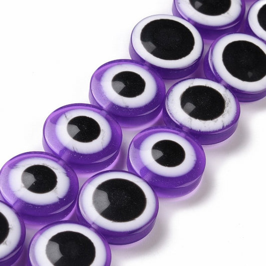 Resin Beads - 20mm - Protective Eye Round Puffy Lentil - Purple (strand)