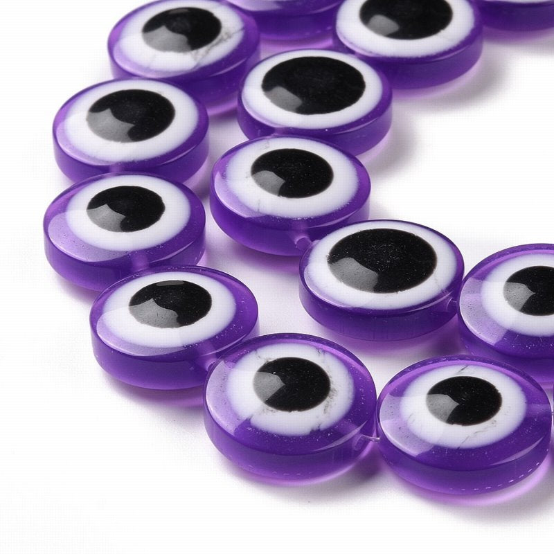 Resin Beads - 20mm - Protective Eye Round Puffy Lentil - Purple (strand)