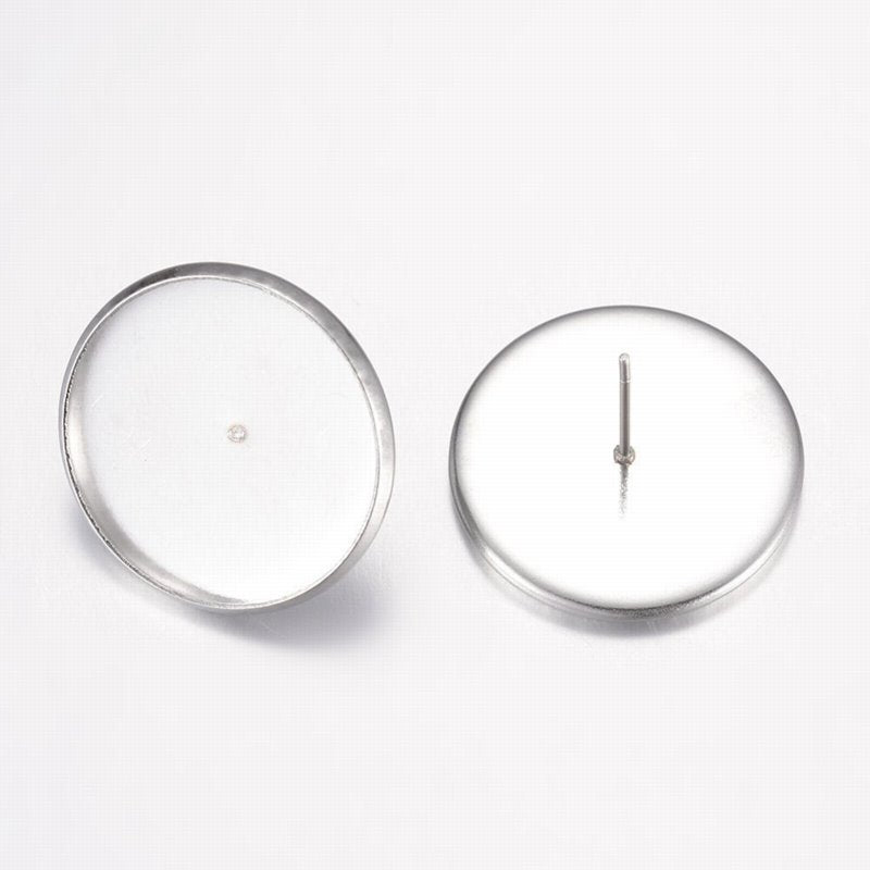Earring - ID 20mm - Stud Round Tray Bezel - Stainless Steel (2 pairs)