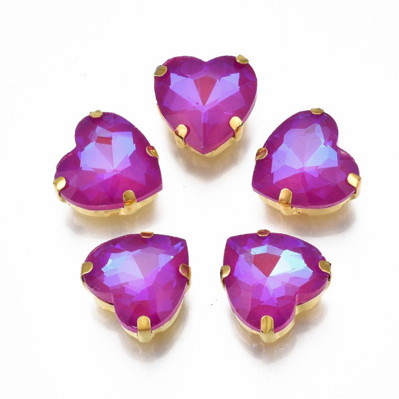 Sew-on Rhinestones - 12mm - Heart - Violet Red Aurora - Gold Plated (5)