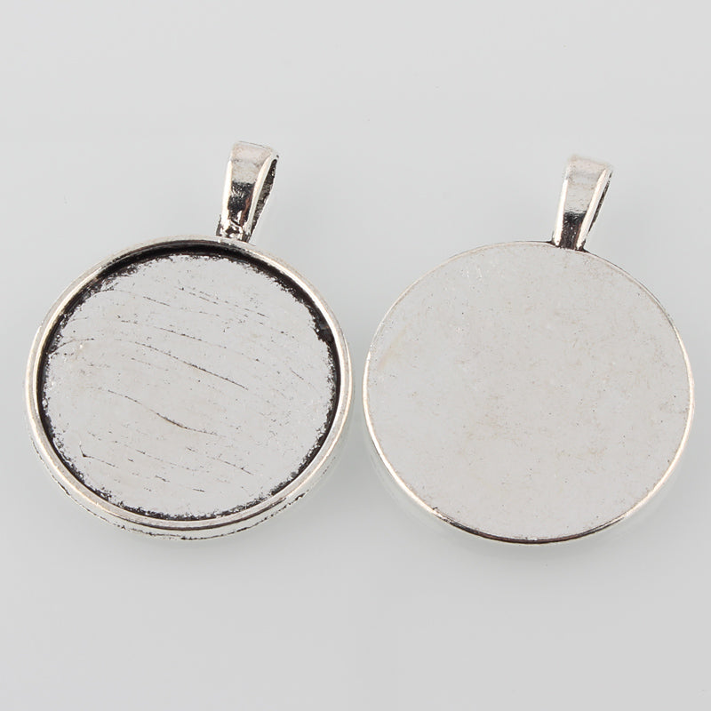 Bezel Tray - ID 25mm - Flat Round with Bail - Antiqued Silver (10)