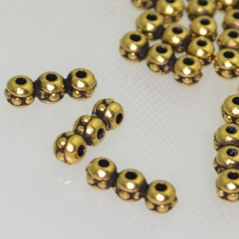 Separator/Connector - 3-Hole Joined Beaded Bar - Antiqued Gold