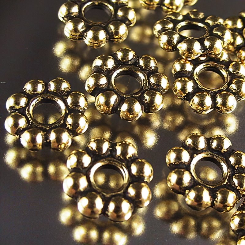 Metal Beads - Big Hole - 8mm Large Hole Beaded (Daisy) Spacer - Antique Gold
