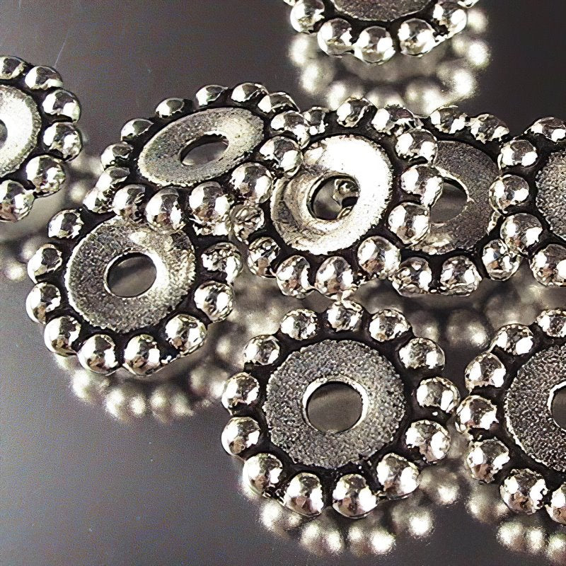 Metal Beads - Big Hole - 12mm Large Hole Beaded (Daisy) Spacer - Antique Silver