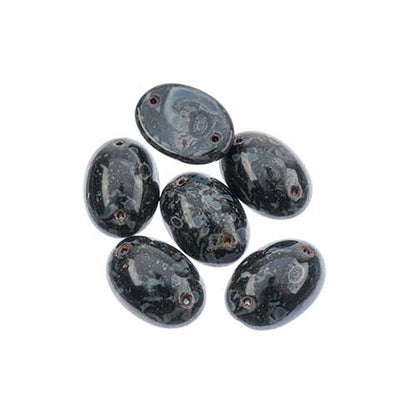 Glass - 13x18mm - 2 Hole Flatback Oval Cabochon - Jet Marble (6pcs)