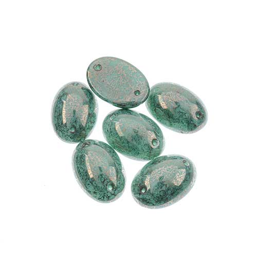 Glass - 13x18mm - 2 Hole Flatback Oval Cabochon - Green Turquoise Marble (6pcs)