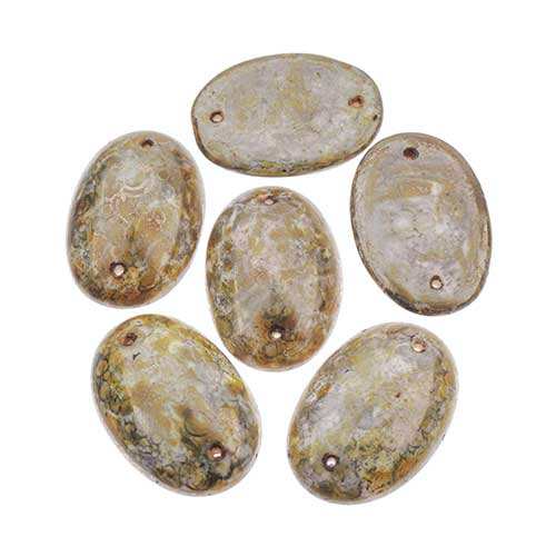 Glass - 18x25mm - 2 Hole Flatback Oval Cabochon - Antique Ivory Lustre (6pcs)