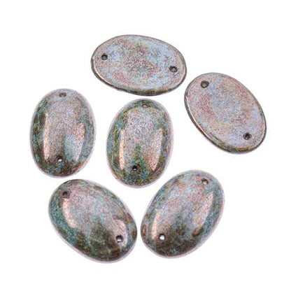 Glass - 18x25mm - 2 Hole Flatback Oval Cabochon - Blue Bronze Marble (6pcs)