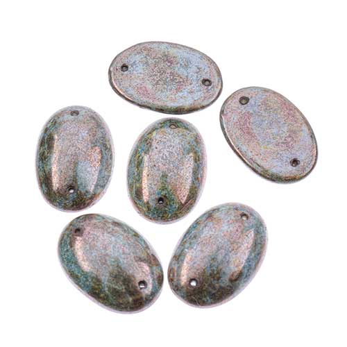 Glass - 18x25mm - 2 Hole Flatback Oval Cabochon - Blue Bronze Marble (6pcs)