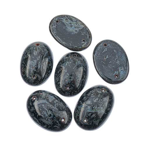 Glass - 18x25mm - 2 Hole Flatback Oval Cabochon - Jet Marble (6pcs)