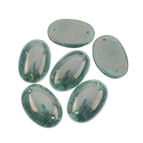 Glass - 18x25mm - 2 Hole Flatback Oval Cabochon - Green Turquoise Marble (6pcs)
