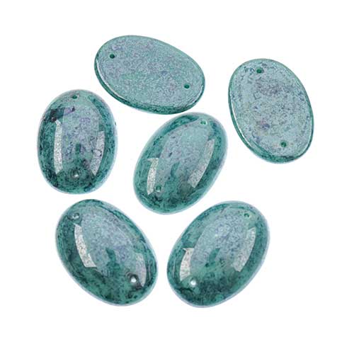 Glass - 18x25mm - 2 Hole Flatback Oval Cabochon - Blue Turquoise Marble (6pcs)