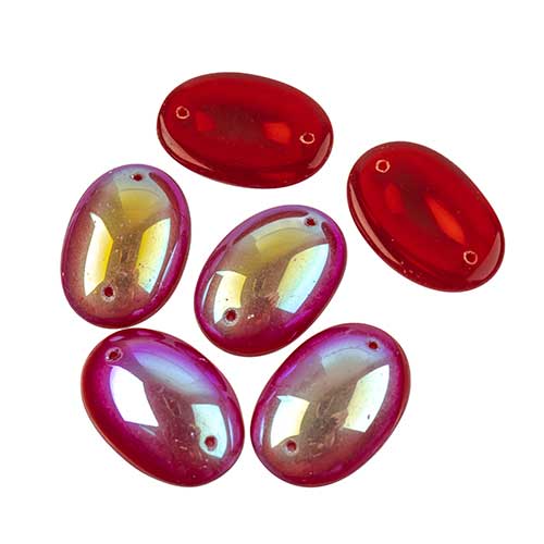 Glass - 18x25mm - 2 Hole Flatback Oval Cabochon - Siam Ruby AB (6pcs)