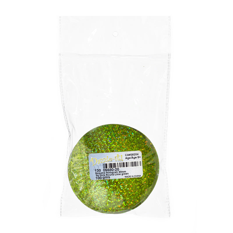 Sequins Round No Hole - 80mm - Hologram Lime Green (Pack)