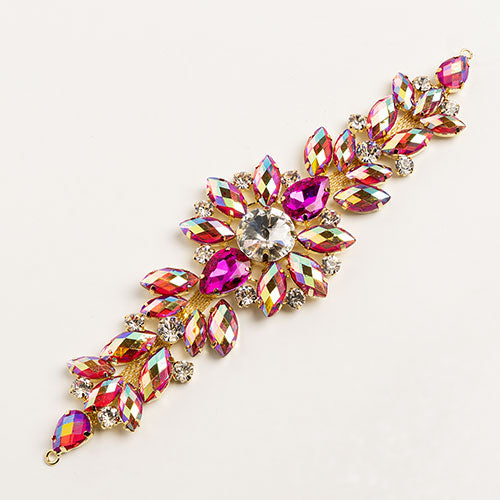 Fashion Embellishment - 18cm Crystal Motifs Floral - Fuchsia AB - Gold